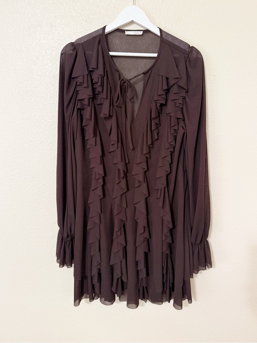 Zara Ruffled Cascading Chocolate Brown Semi Sheer Billowy Boho Mini Dress Medium - Picture 9 of 13